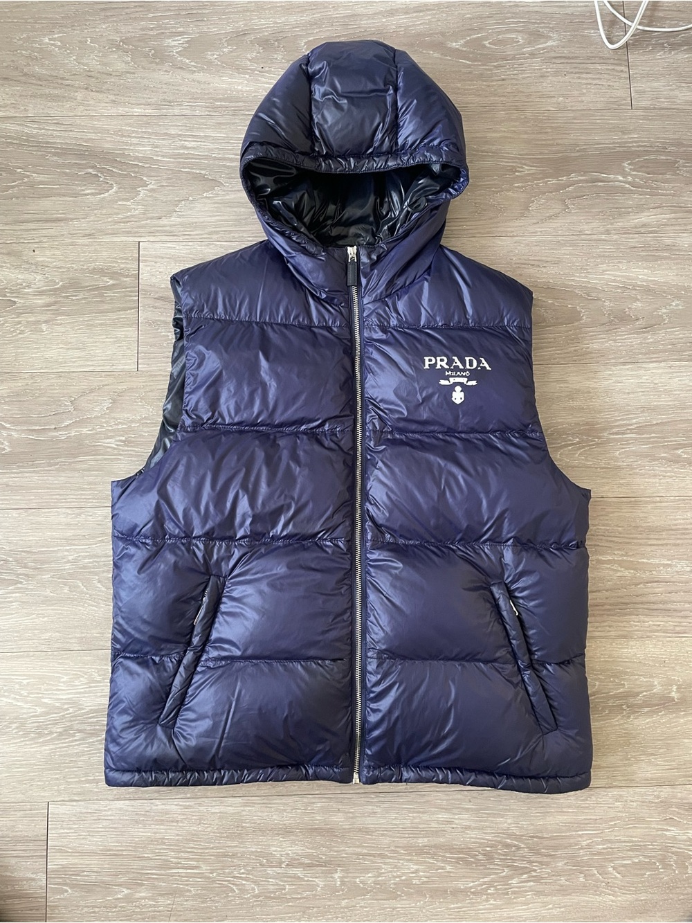 Prada Men's Dark Navy Hooded Puffer Vest